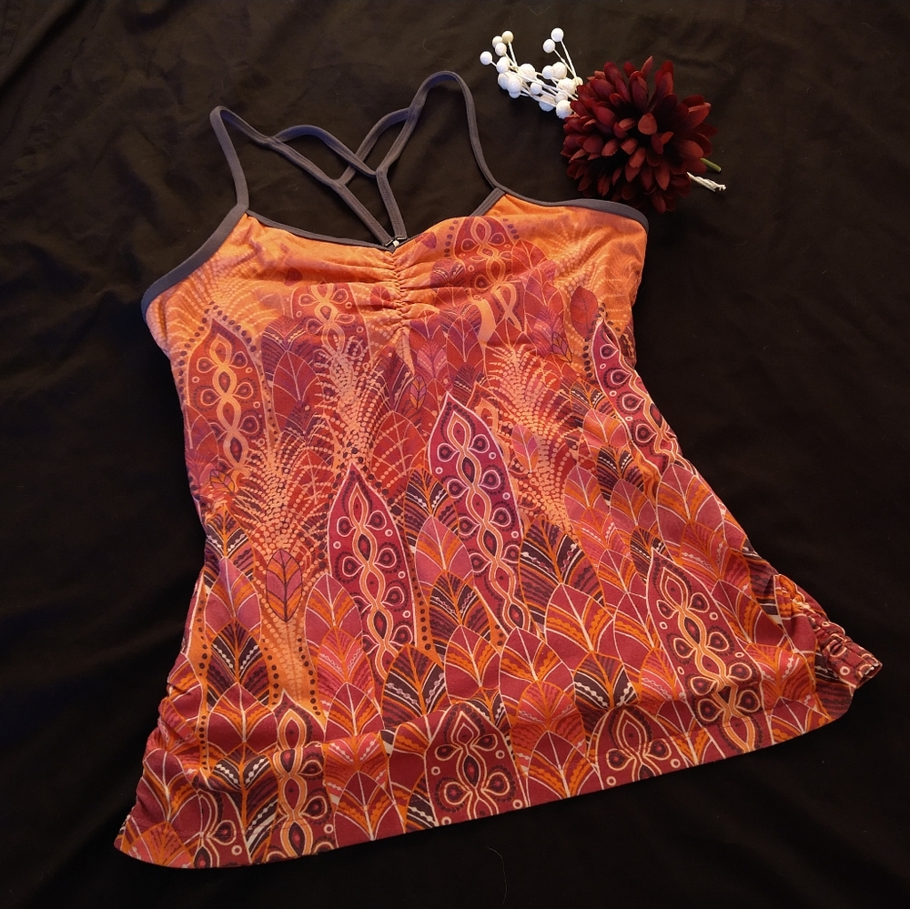 Prana tank top w shelf bra, orange and pink motif, gray straps, size M